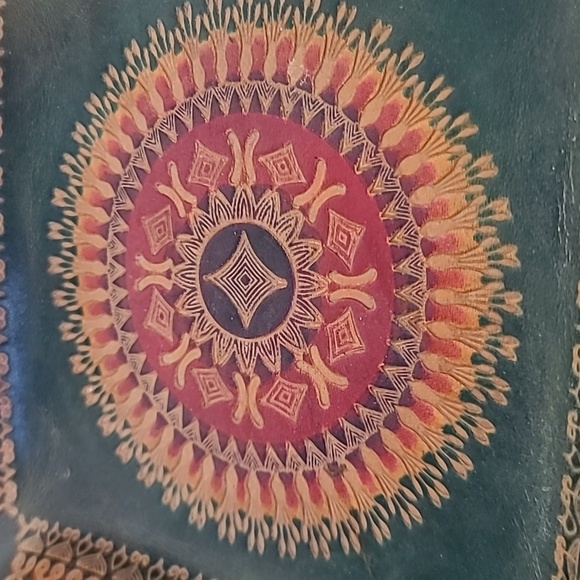 Hand Tooled Leather Tray Green Geometric Motiff-Bird Logo-Stamped-8 x 8" Square - Picture 3 of 5